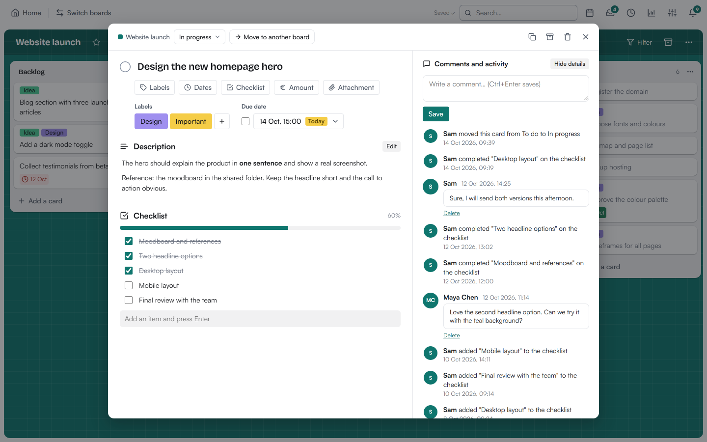 An open card with labels, a due date, a description, a checklist at 60% and comments